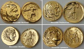 4 COINS OF ALEXANDER THE GREAT, RULER OF THE KNOWN WORLD IN 336 BC, 24K GOLD PLATED COINS  Collectible Coins  