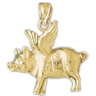 14K Yellow Gold Flying Pig Pendant Jewelry