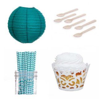 Dress My Cupcake Laser Cut Wrappers Dessert Table Party Kit with Lanterns, Aqua Chevron Straws Kitchen & Dining