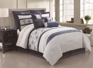 10 Piece Queen Blossom Tree Blue and Gray Comforter Set  