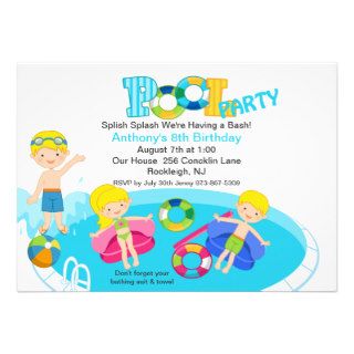 Blue Kids Pool Party Birthday Invitation