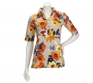 Susan Graver Printed Cotton Spandex Elbow Sleeve Polo Shirt —