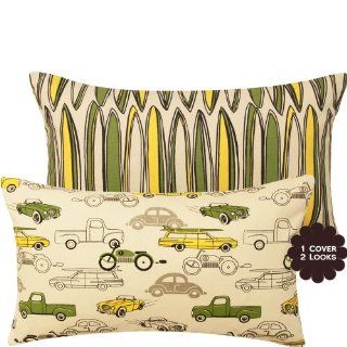 Rush Hour Collection   Designer Double sided 12x20" Lumbar Toss Pillow Cover   Cars and Surfboards   Yellow, Green, Gray and Cream   1 Cover, 2 Looks   Throw Pillow Covers