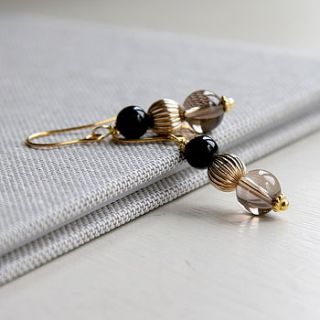 smoky quartz, onyx and gold earrings by myhartbeading