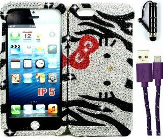 USA SELLER iphone 5 and 5s Zebra protector case Rhinestones Bling Diamante Hello Kitty hard cover +HOT PURPLE braided 3ft sync charging cable+stylus touch screen pen 1.7"+sparkle home button Cell Phones & Accessories