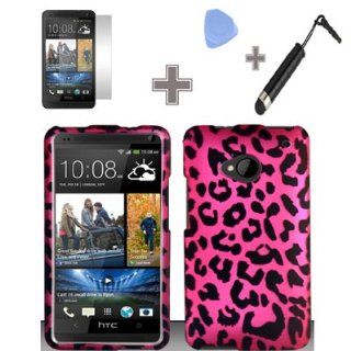 Rubberized Pink Black Leopard Snap on Design Case Hard Case Skin Cover Faceplate with Screen Protector, Case Opener and Stylus Pen for HTC One / M7   AT&T/T Mobile/Sprint Cell Phones & Accessories