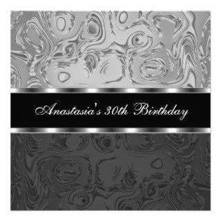 Abstract Liquid Metal Silver Black 30th Birthday Custom Invite