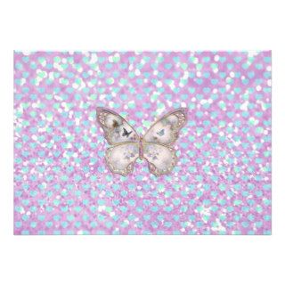 Girly Pink Butterfly Blue Hearts Glitter Pattern Announcement
