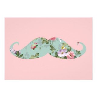 Funny Girly Vintage Red Pink Floral Mustache Announcement