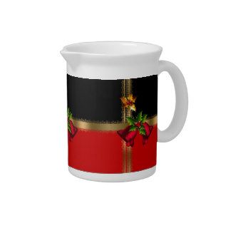 Merry Christmas Holiday Red Bells Black Gold Drink Pitcher