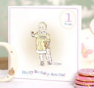 personalised first birthday card 'vintage' by olivia sticks with layla