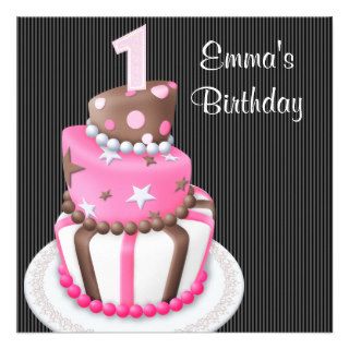 Pink Black Cake Presents Girls 1st Birthday Party Custom Invites