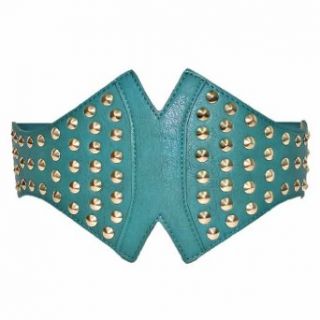 Luxury Divas Teal Blue Ultra Wide Stretchy Cinch Waist Belt Golden Stud Spikes Apparel Belts