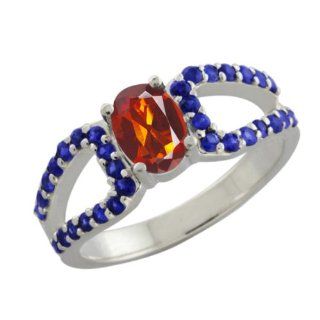 1.34 Ct Oval Orange Red Madeira Citrine Blue Sapphire 14K White Gold Ring Jewelry