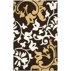 Handmade Silhouettes Brown Intricate Floral New Zealand Wool Rug (76 X 96)