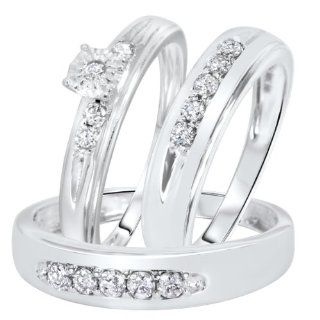 1/2 CT. T.W. Round Cut Diamond Women's Engagement Ring, Ladies Wedding Band, Men's Wedding Band Matching Set 10K White Gold   Free Gift Box MyTrioRings Jewelry