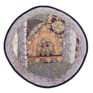 Beaded Cushion Cover Embroidered Home Dcor Purple Round Patchwork Pillow Case Throw Indian Gift Art 25" Inches  