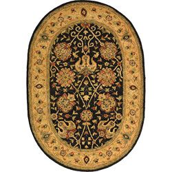 Handmade Antiquities Mashad Black/ Ivory Wool Rug (46 X 66 Oval)