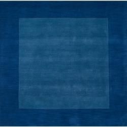 Hand crafted Blue Tone on tone Bordered Mantra Wool Rug (8 Square)