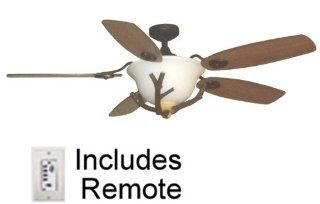 56", Rustic Lodge Ceiling Fan with Light. Up to 180w. Remote Control, Oil Rubbed Bronze. Blades 1 Side Blade Is Cherry, 1 Side Is Walnut. Fan Can Be Set up As 3 blade, 4 blade or 5 blade, All Parts Included. Remote Operates 3 Speeds, Reverse, and Ligh