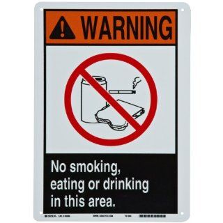 Brady 45096 14" Height, 10" Width, B 401 Plastic, Black, Orange And Red On White Color ANSI Z535 Safety Sign, Legend "Warning, No Smoking, Eating Or Drinking In This Area (With Picto)" Industrial Warning Signs Industrial & Scienti