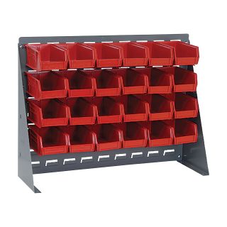 Quantum Storage Bench Rack with 24 Bins — 27in.L x 8in.W x 21in.H Rack Size, Red Bins, Model# QBR-2721-220-24RD  Single Side Bin Units