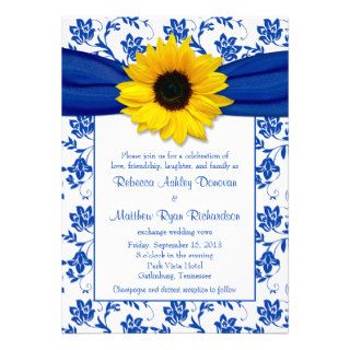 Royal Blue Damask Sunflower Wedding Invitation