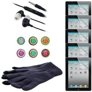 Skque® Branded Reusable Screen Protector Clear Shield(5 Packs) + Generic 3.5mm Stereo Headphone w/ Microphone,Black + Fashion Beautiful Home Button Sticker Polka Dots with Hearts + Gray Touch Screen Glove for Apple Ipad 2nd Gen Tab 16GB 32GB 64GB Comp