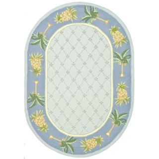 Hand hooked Pineapples Light Blue Wool Rug (46 X 66 Oval)