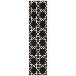 Moroccan Dhurrie Black And Ivory Geometric patterned Wool Runner Rug (26 X 10)