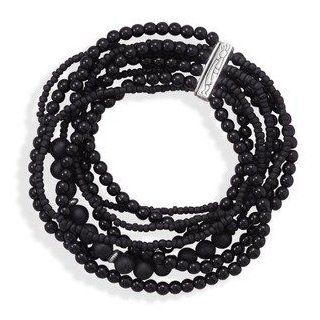 8 Strand Black Onyx and Seed Bead Stretch Bracelet Sterling Silver with Kokopelli Design Bar Jewelry
