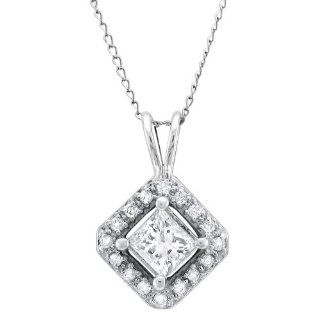 14k White Gold Princess cut & Round Diamond Halo Pendant (1/2 cttw, I J, I2 I3) Jewelry