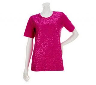 Quacker Factory Glitter Sequin Swirl Short Sleeve T shirt —