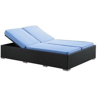Evince Two seater Espresso/ Blue Cushions Outdoor Wicker Patio Chaise Recliner