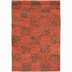 Handwoven Red/orange Checkered Mandara New Zealand Wool Shag Rug (79 X 106)