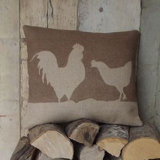 ' cockerel and chicken ' hessian cushion by rustic country crafts