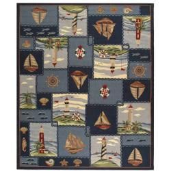 Hand hooked Nautical Blue Wool Rug (76 X 99)