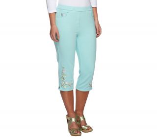 Quacker Factory DreamJeannes Floral Embroidered Capri Pants —