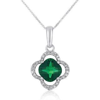 Cushion Cut Lab Created Emerald and White Sapphire Clover Frame Pendant Necklace in Sterling Silver Jewelry