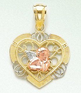 14k Gold Religious Necklace Charm Pendant, Angel In Heart Cut out Tri color Million Charms Jewelry