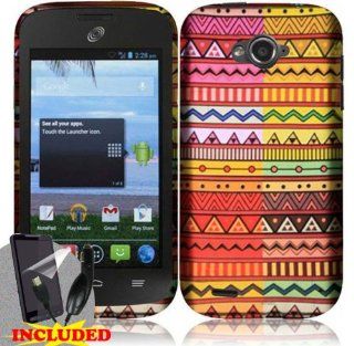 ZTE Savvy Z750c / ZTE Reef N810 (StraightTalk/Virgin Mobile) 2 Piece Snap On Rubberized Image Case Cover, Multicolor Geometric Aztec Design + SCREEN PROTECTOR & CAR CHARGER Cell Phones & Accessories