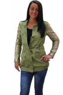 Girltalkfashions Women Sequin Long Sleeve Jacket Small Khaki