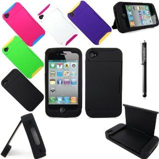 For Apple IPhone 4 4G 4S TopOnDeal TM Black and Black Hybrid ID and Credit Card Holder With Stand Hard and Soft Case Cover+Stylus Touch Pen (Black and Black) Cell Phones & Accessories