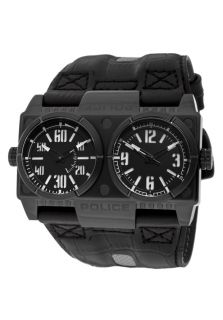 Police 12899XSB 02  Watches,Mens Dominator Dual Time Black IP Case Black Genuine Leather w/Grey Nylon Cuff, Casual Police Quartz Watches