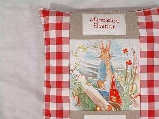 beatrix potter© name and date cushion by tuppenny house designs