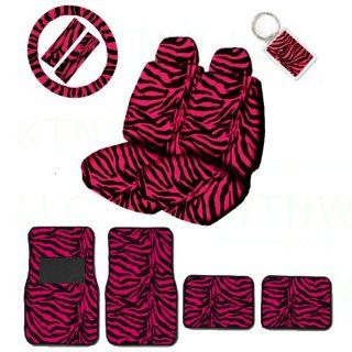A Set of 2 Universal Fit Animal Print Low Back Bucket Seat Covers, Wheel Cover, 2 Shoulder Pads 4 Floor Mats, and 1 Key Fob   Zebra Hot Pink Automotive
