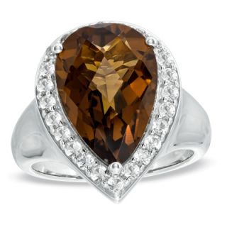 Pear Shaped Cognac Quartz and Lab Created White Sapphire Ring in
