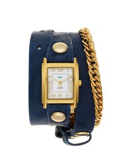 Womens Gold Chain & Royal Blue Leather Wrap Watch by La Mer Collections