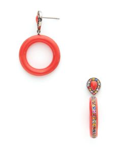 Multicolor Sapphire & Coral Red Enamel Hoop Drop Earrings by Rina Limor