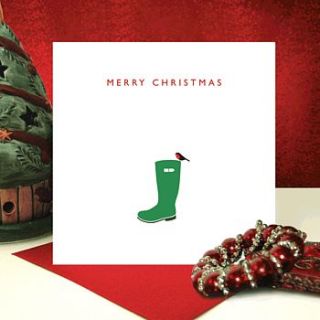 robin on green wellie christmas card by loveday designs